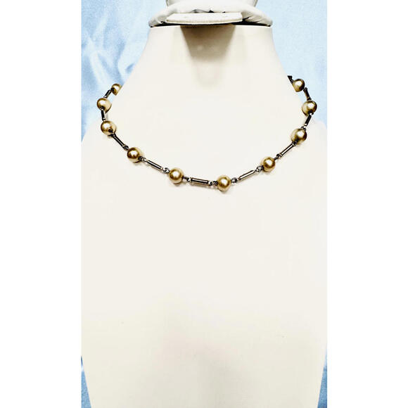 Unsigned Vintage Gold Tone Bar Link Alternating Faux Champagne Pearl Choker - Picture 1 of 4